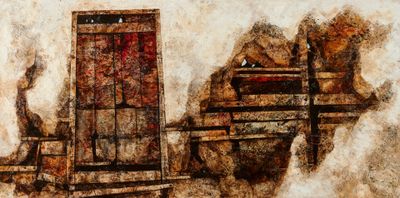 un tableau représentant un homme assis sur un banc devant une porte