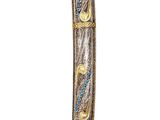 a close up of a knife on a white background with a chain