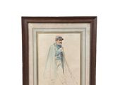 painting of a woman in a blue dress with a hat and a cape