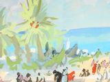 un tableau représentant des personnes se promenant sur la plage avec des parasols