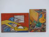 des peintures représentant un homme et une femme avec une guitare, accrochées sur un mur blanc