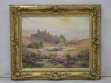 un tableau représentant un paysage avec des arbres et des fleurs, dans un cadre doré