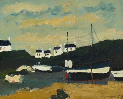 une peinture de bateaux sur le rivage d'une plage