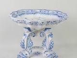 blue and white porcelain pedestal bowl with two birds on it