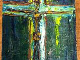 une peinture à l'huile représentant une croix sur un support en bois