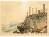 a painting of a view of a castle on top of a hill