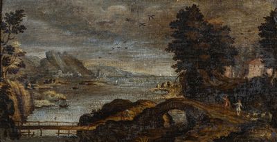 painting of a river scene with a bridge and a man on a horse