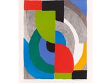 an abstract painting of a circle and a circle with a red, green, blue, yellow, and black