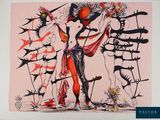 un tableau représentant une femme tenant un bouquet de fleurs