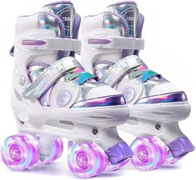 pair of white roller skates with purple wheels on a white background