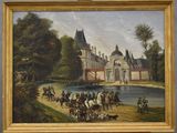 un tableau représentant des personnes à cheval devant un château