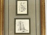 two framed drawings of a house and a tree in a gold frame