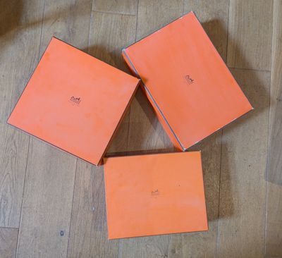 three orange books on a wooden floor next to a cat