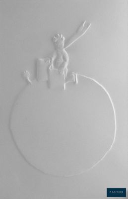 a white plate with a drawing of a man on top of it