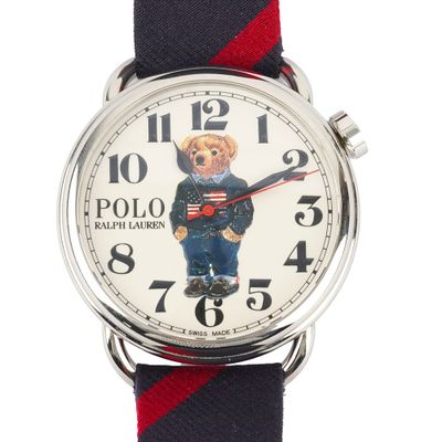 a watch with a polo bear on it on a red and blue strap