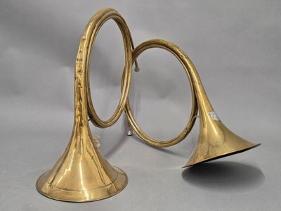 pair of brass trumpets on a white background