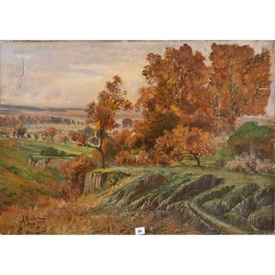 un tableau représentant un paysage avec des arbres et une route