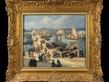 an oil painting of people on the beach with boats in the background