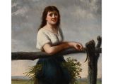 un tableau représentant une femme appuyée contre une clôture, tenant un bouquet de fleurs