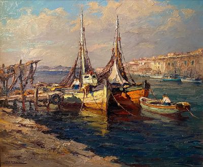 un tableau représentant des bateaux amarrés à un quai au bord de l'eau