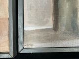 a painting of a vase and a bottle on a window sill