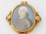 portrait of a gentleman in a gold frame with a red rose in his left hand