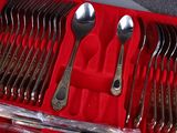 silverware in a red case with spoons, forks, and spoons