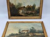 two paintings of a farm and a house on a hill