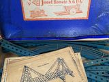 a blue box with a drawing of a bridge on it
