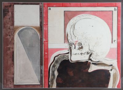 un tableau représentant un squelette assis devant un miroir