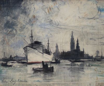 Henri LAGELAIN (XXème), "Le port d'Anvers", technique mixte …