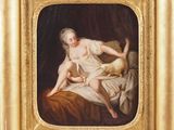 une image représentant un tableau où l'on voit une femme allongée sur un lit avec un chien