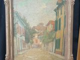 a painting of a street scene with buildings in the background