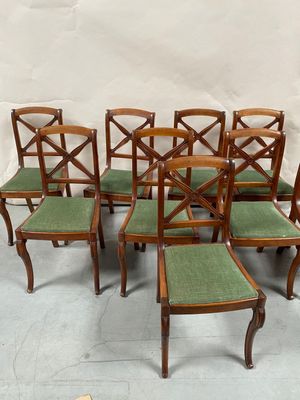 set of six antique dining chairs with green upholstered seats