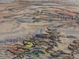 a watercolor painting of a landscape with a river in the foreground