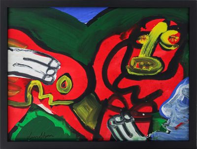abstract painting of a man playing a trumpet and a woman playing a guitar