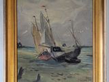 an oil painting of a boat in the water with a shark in the background