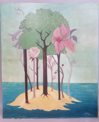 une peinture accrochée au mur représentant une plage avec des arbres et des fleurs