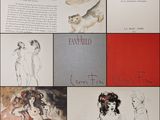 a collage of drawings of people and animals on display