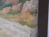 a painting of a man riding a horse down the road