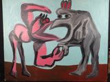 un tableau représentant un éléphant et un homme posé sur une table