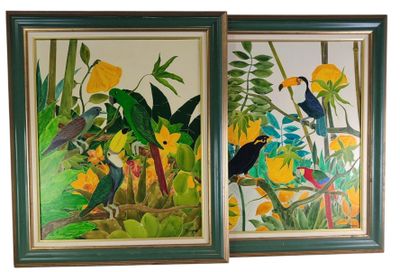 two framed paintings of birds and flowers on a white background
