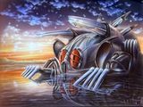 une peinture représentant un robot géant flottant dans l'eau