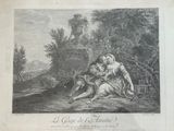 an old engraving of a man and a woman in a wooded setting