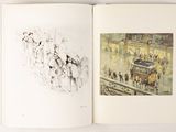 an open book with a drawing of a horse drawn carriage
