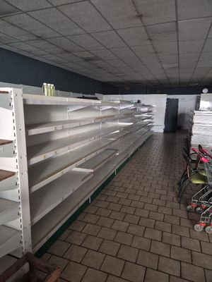 many empty shelves in the middle of a store