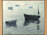a painting of boats floating in the water on a foggy day