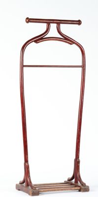 a wooden stand with a coat rack on top of it
