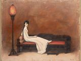 painting of a woman in a white dress sitting on a red bench