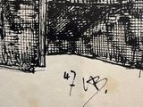 drawing of a black and white picture of a building with a gate